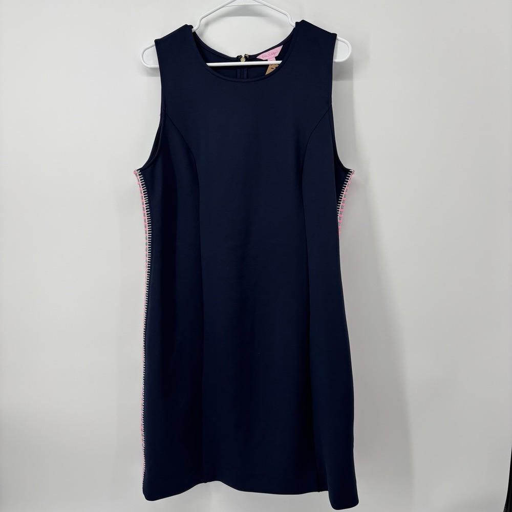 Lilly‎ Pulitzer Navy Blue Sheath Dress Embroidered Stripe Womens Size XL Preppy